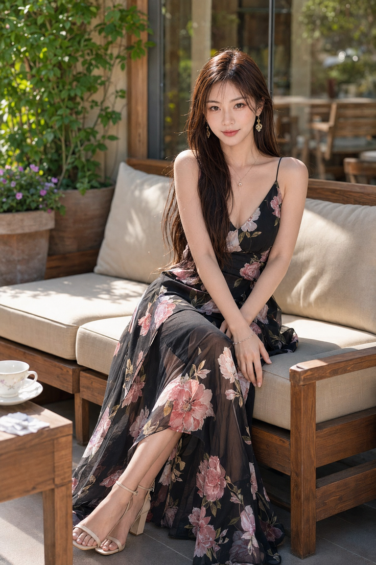 Woman in a black floral dress sitting on an outdoor sofa