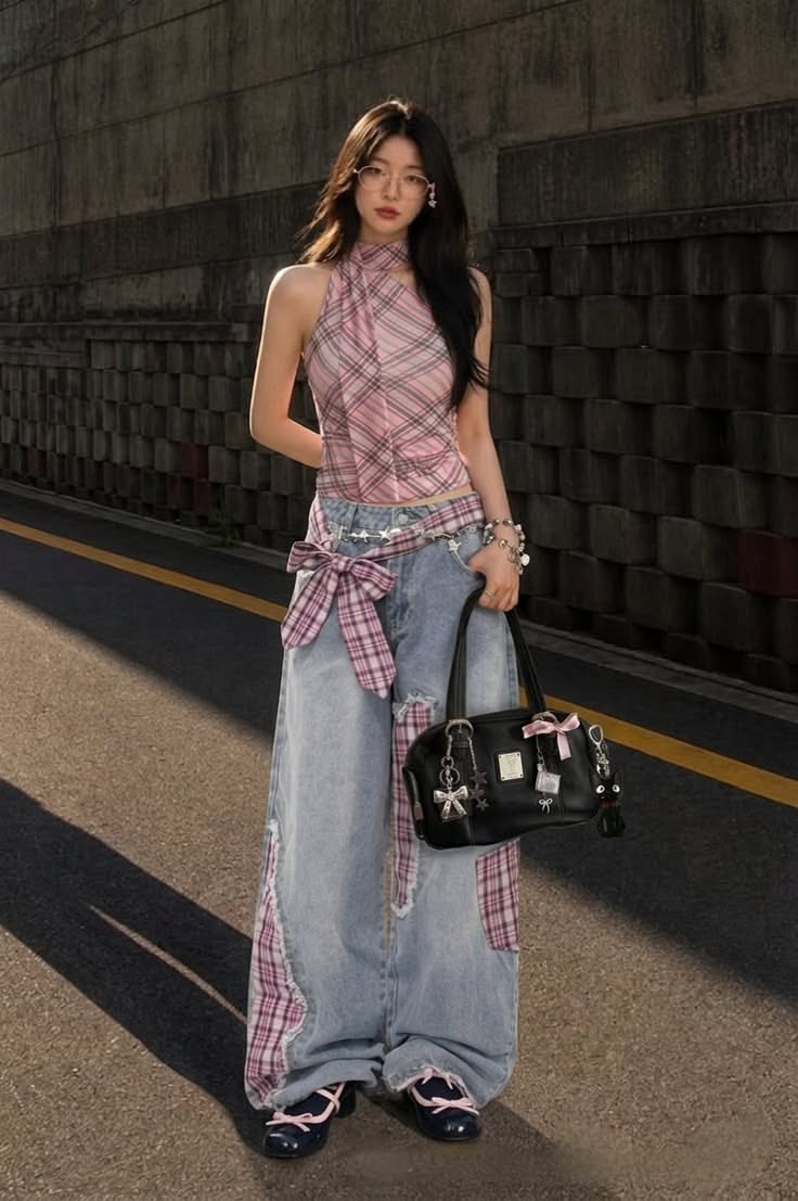 Woman in a plaid top and wide leg jeans standing on a street