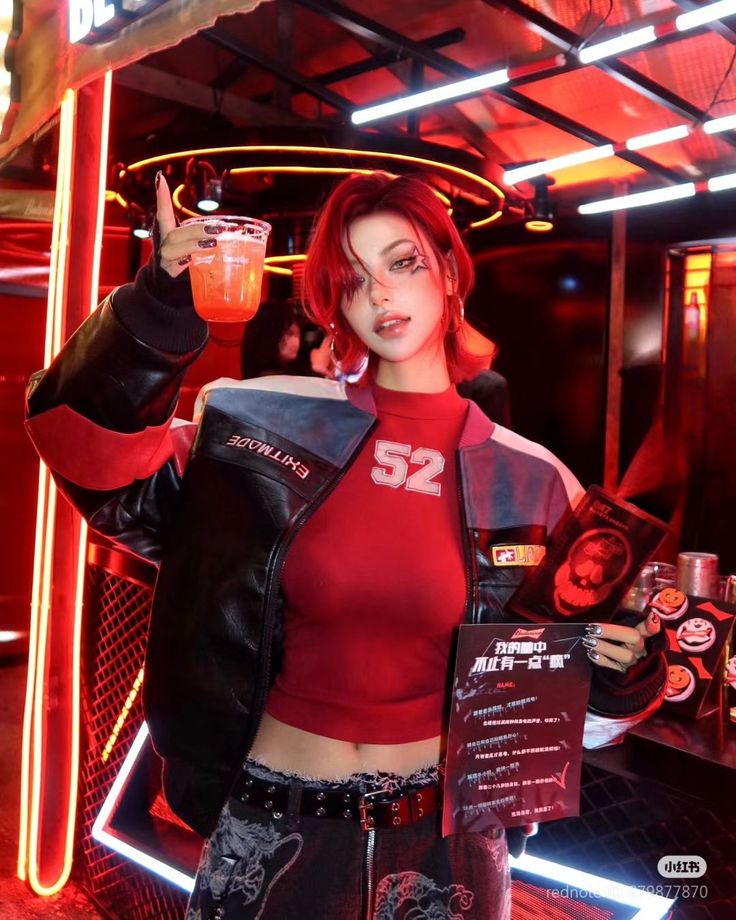 Woman with red hair in a cropped top and leather jacket under neon lights