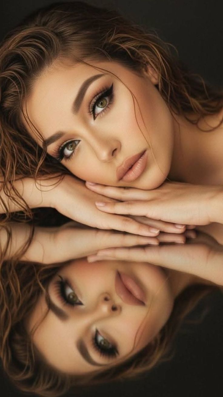 Woman with wet hair and green eyes, reflected on a surface