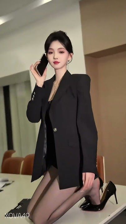 Woman in a black blazer and pantyhose kneeling on a table while holding a phone