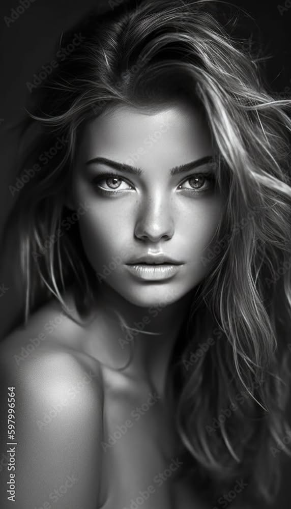 Monochrome portrait of a woman with long wavy hair and exposed shoulders