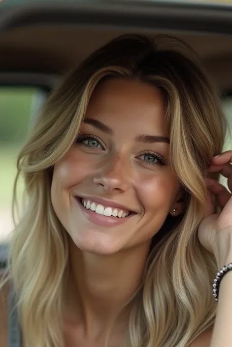 Smiling woman with blonde hair and blue eyes in a close-up portrait