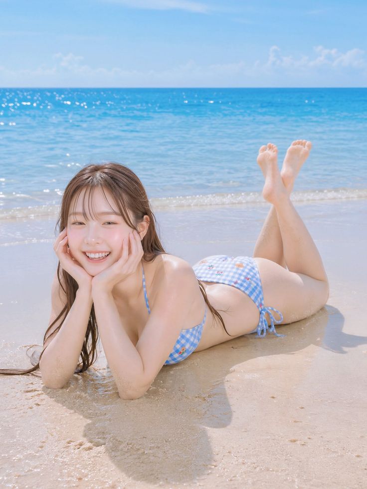 Woman in a blue gingham bikini lying on a sandy beach with the ocean in the background