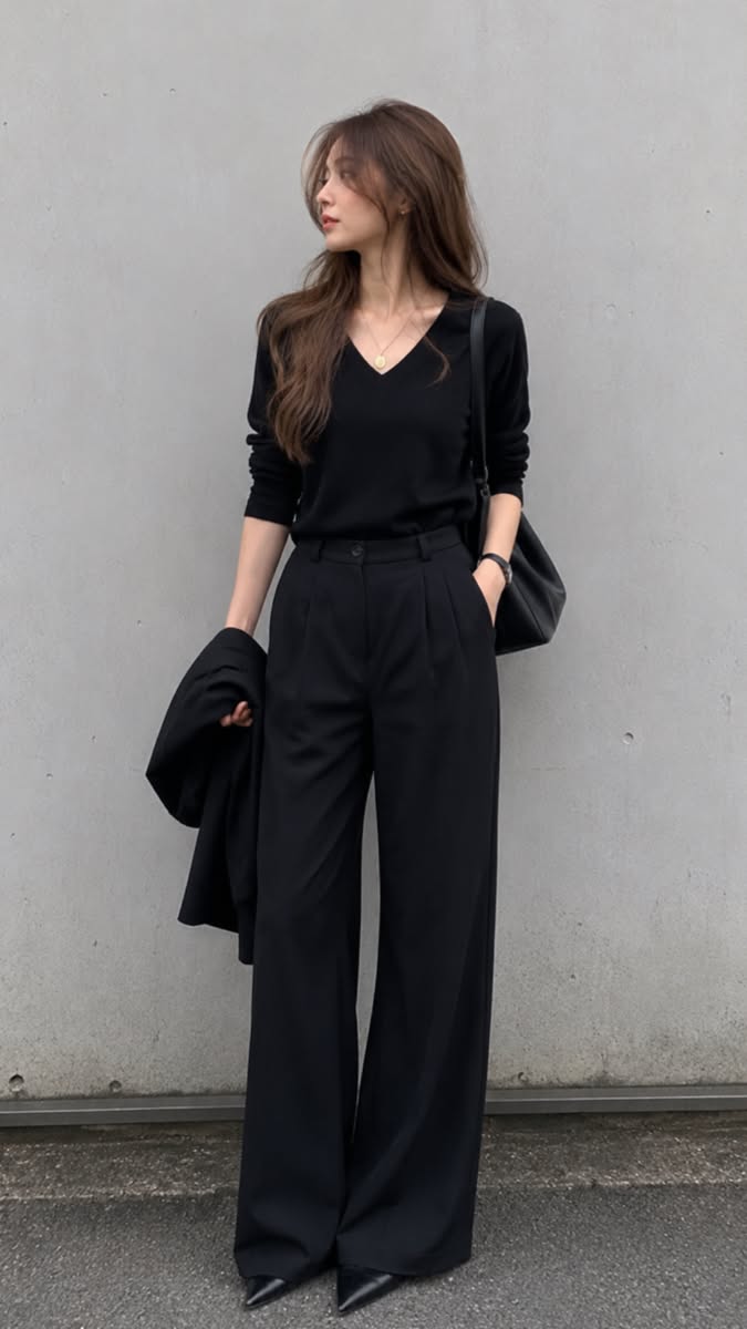 Woman in a black top and wide leg pants standing against a gray wall