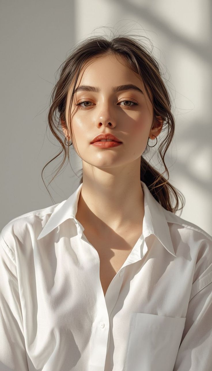 Woman in a white shirt with brown hair in a ponytail, lit by soft sunlight