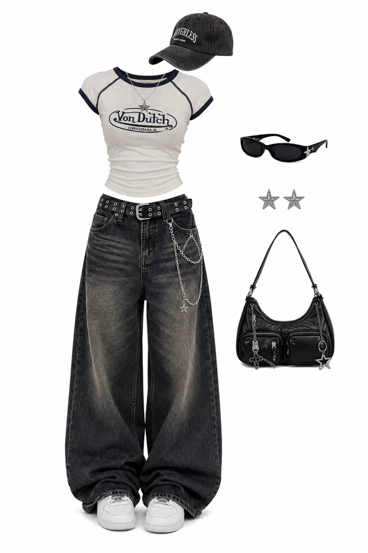 Flat lay of a casual outfit with wide leg jeans and a cropped t-shirt