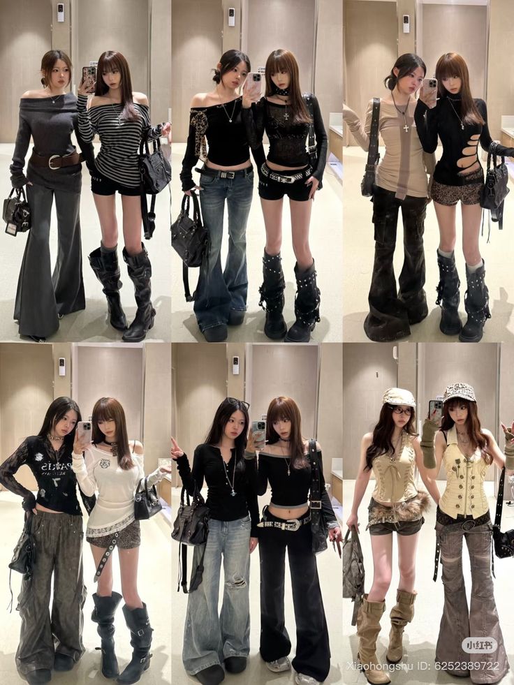 Two women posing in various streetwear outfits in an indoor setting