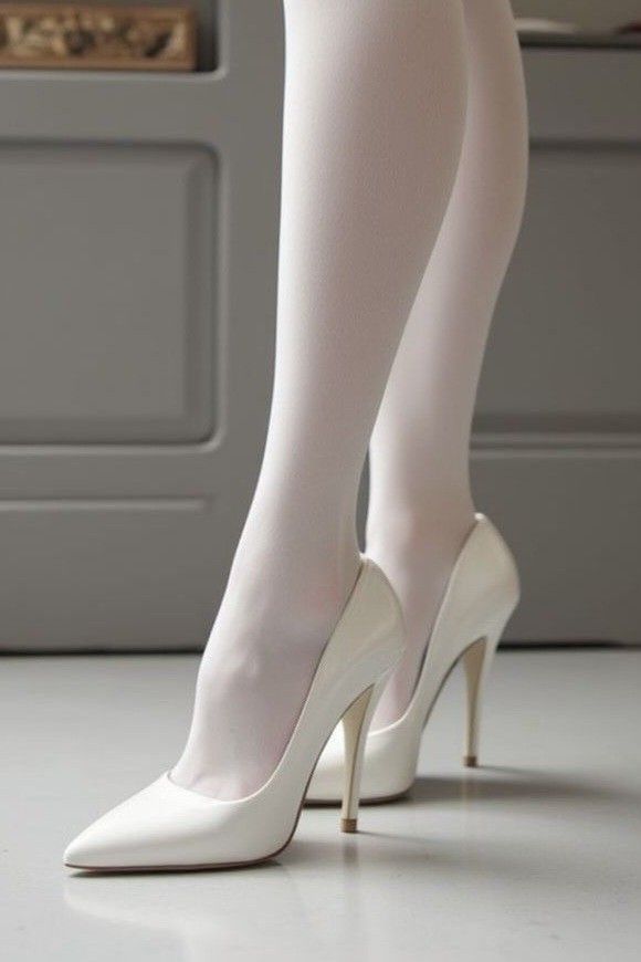 Person wearing white tights and white high heels indoors