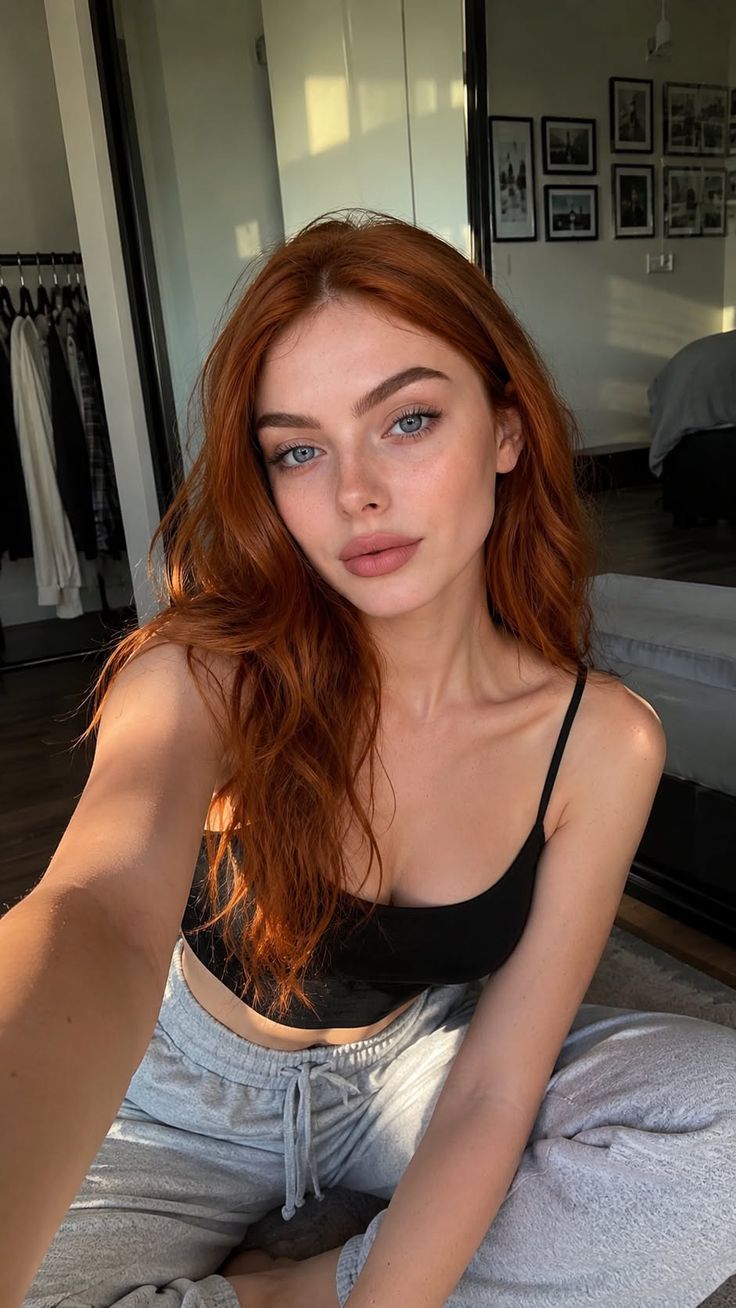 Woman with red hair and blue eyes wearing a black camisole and grey sweatpants indoors