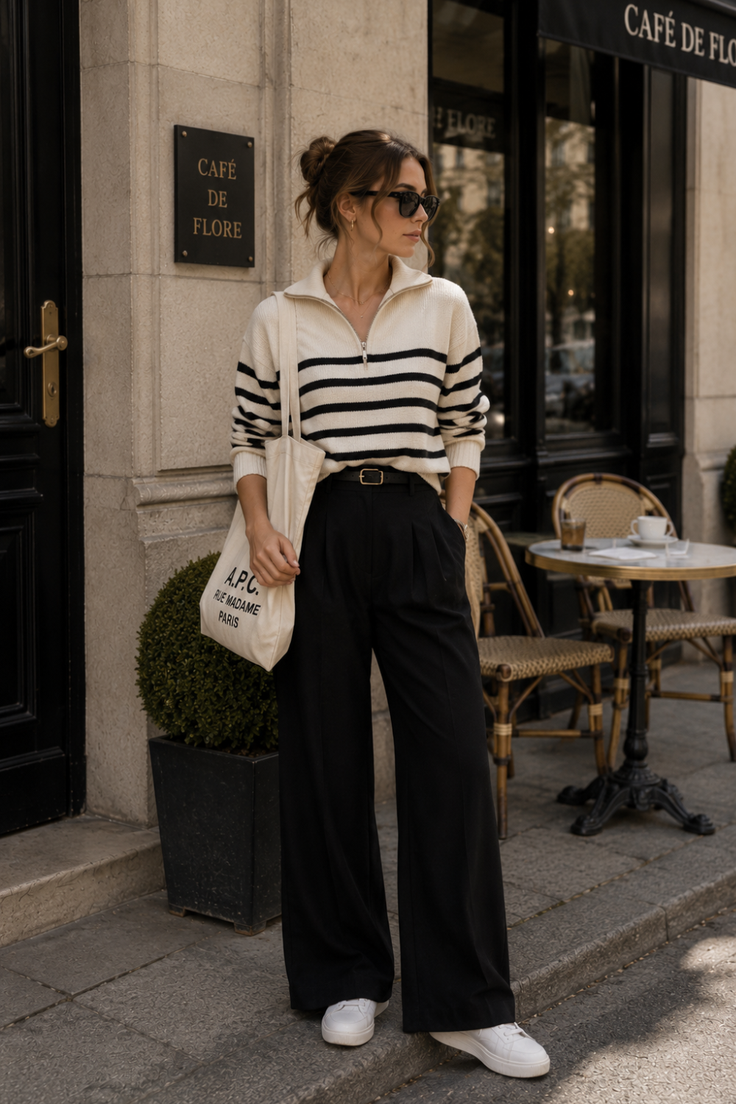 Woman in a striped sweater and wide leg pants standing outside a cafe