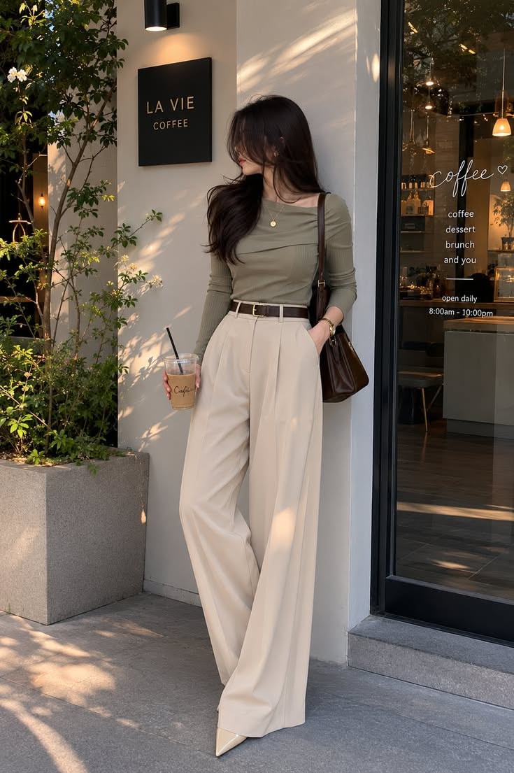 Woman in a green top and wide leg pants holding an iced coffee outside a cafe