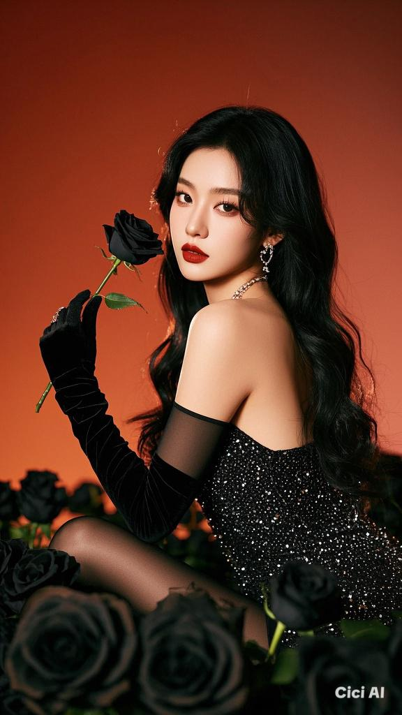 Woman in a black sequin dress and long gloves holding a black rose