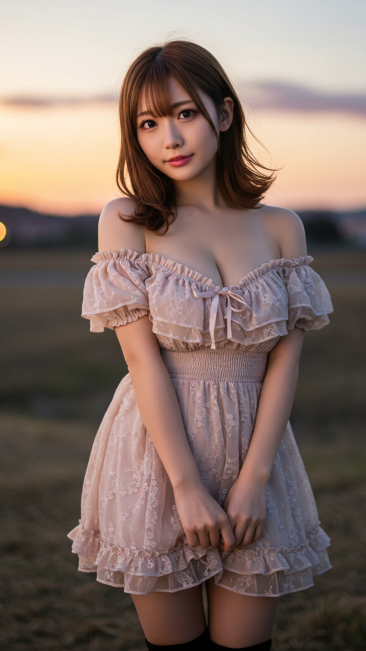 Woman in an off-shoulder dress outdoors at sunset