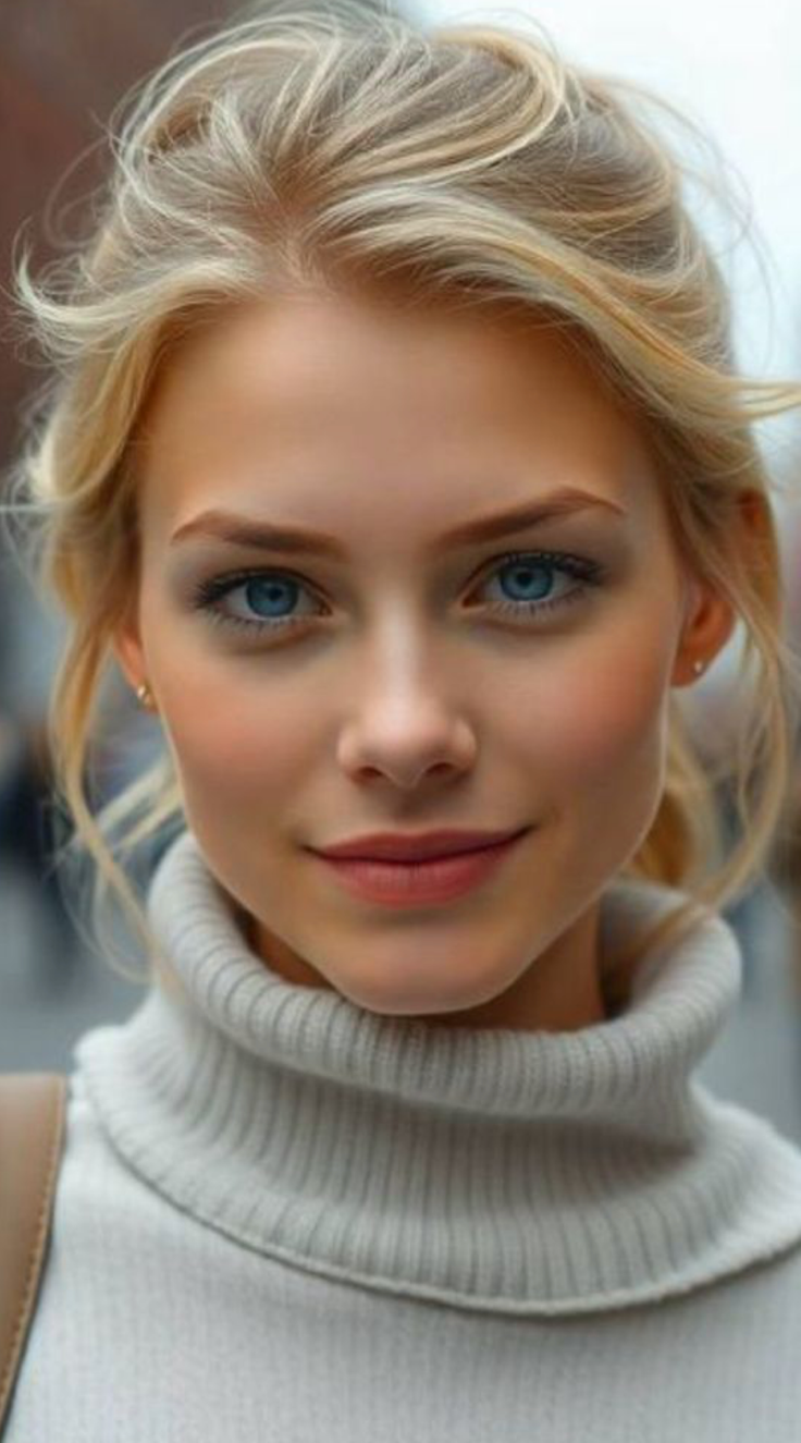 Blonde woman with blue eyes wearing a light gray turtleneck sweater