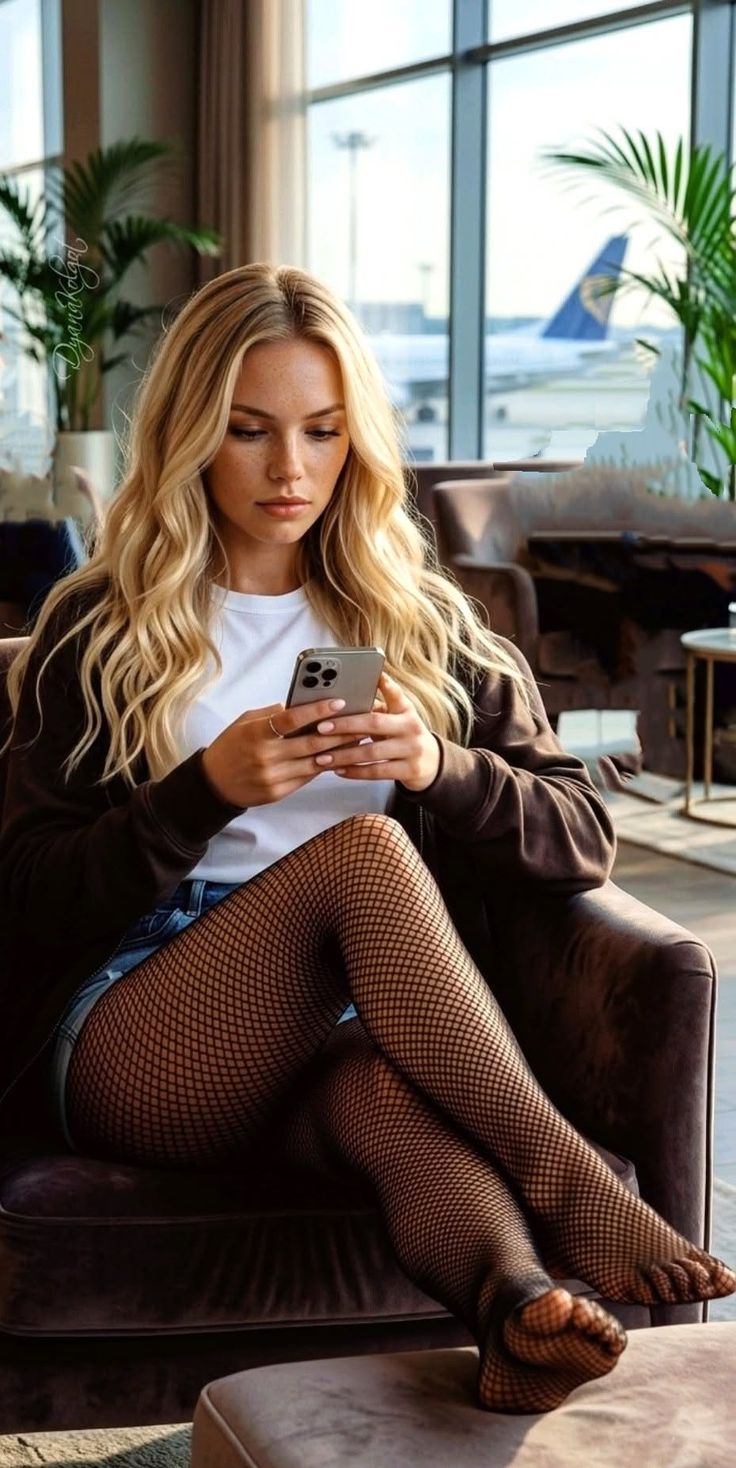 Woman with long blonde hair wearing fishnet stockings, sitting in an airport lounge