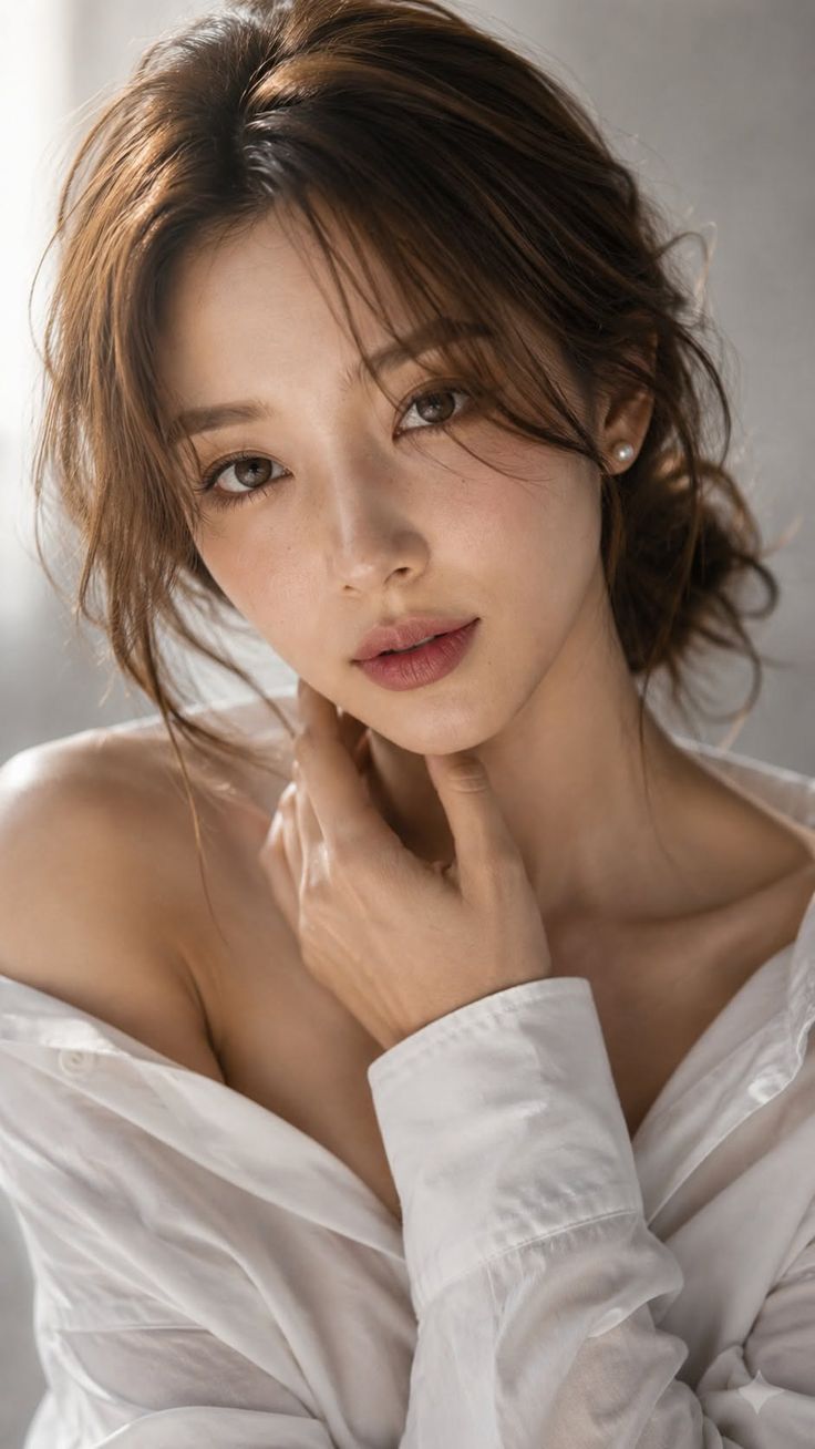 Woman with brown hair wearing an off-shoulder white shirt and pearl earring