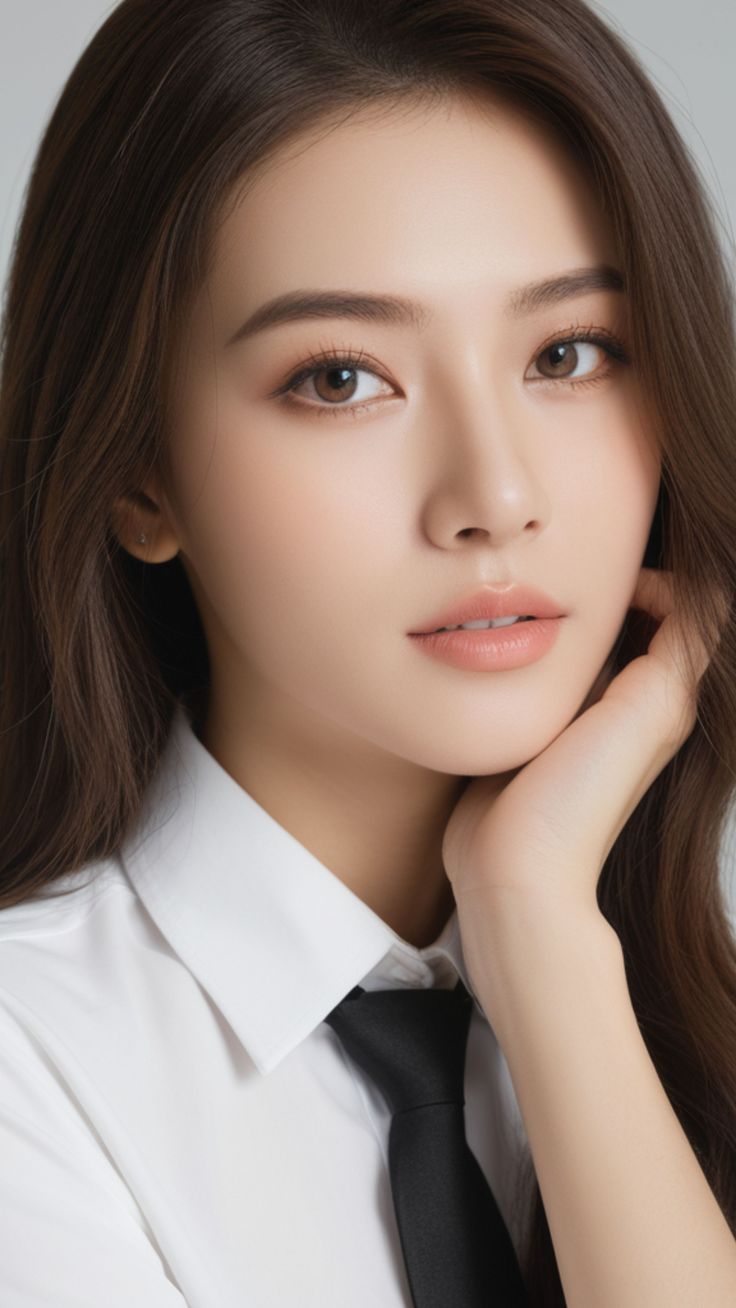 Woman with long brown hair wearing a white shirt and black tie
