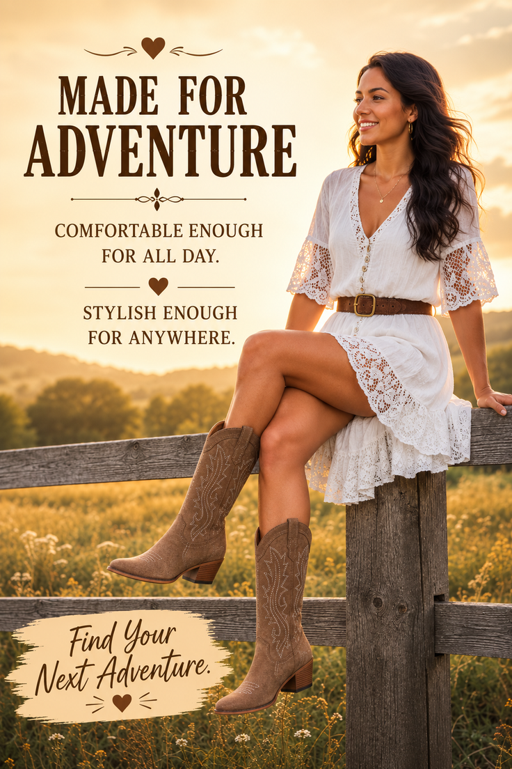 Woman in a white dress and cowboy boots sitting on a fence at golden hour