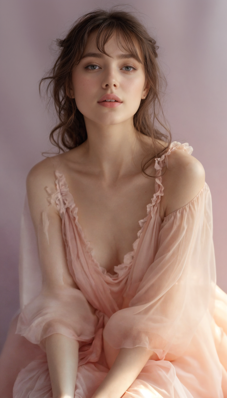 Woman with long hair in a pink dress with soft lighting