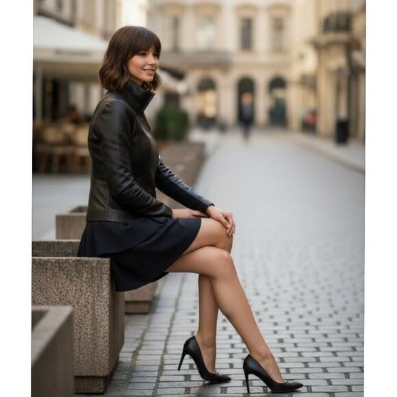 Woman with short hair in a leather jacket and mini skirt sitting on a street bench