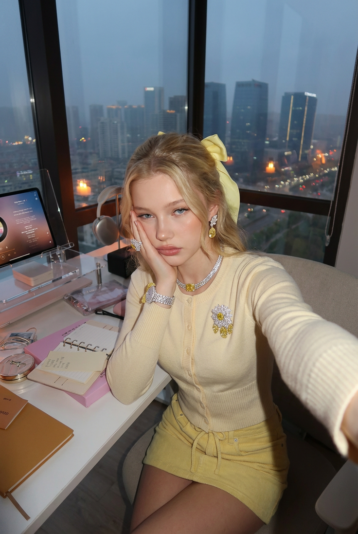 Blonde woman in a yellow cardigan and mini skirt with city view from window