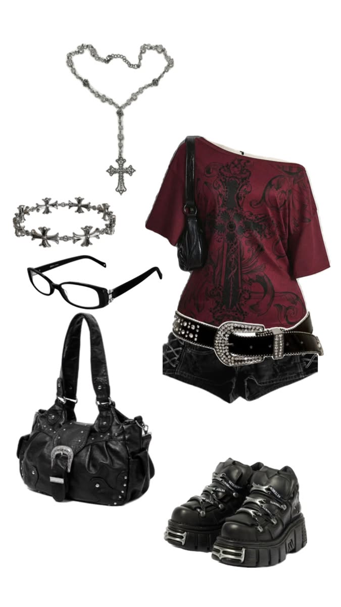 Gothic style outfit with platform boots, studded belt, and cross necklace
