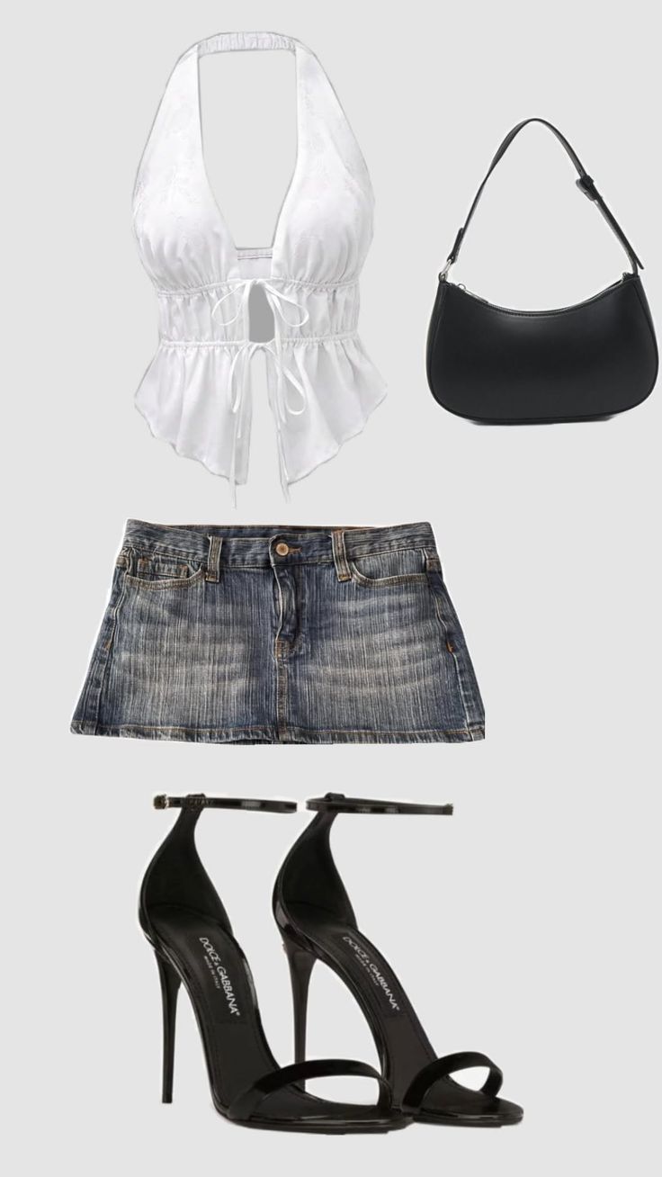 A white halter top, denim mini skirt, black high heels, and black shoulder bag
