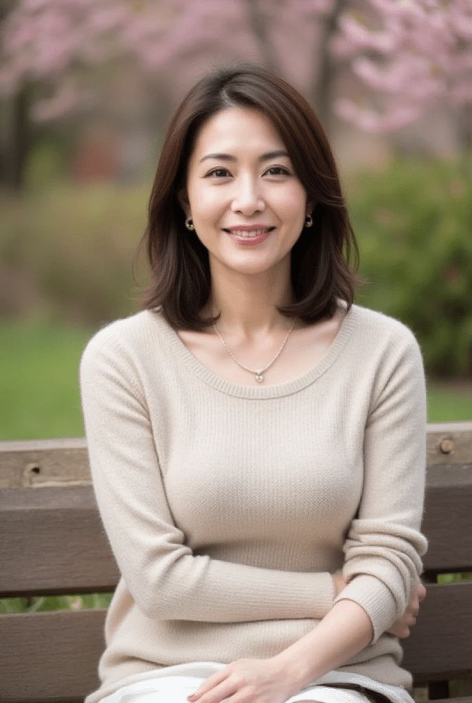 Woman with short hair and a beige sweater sitting on a park bench