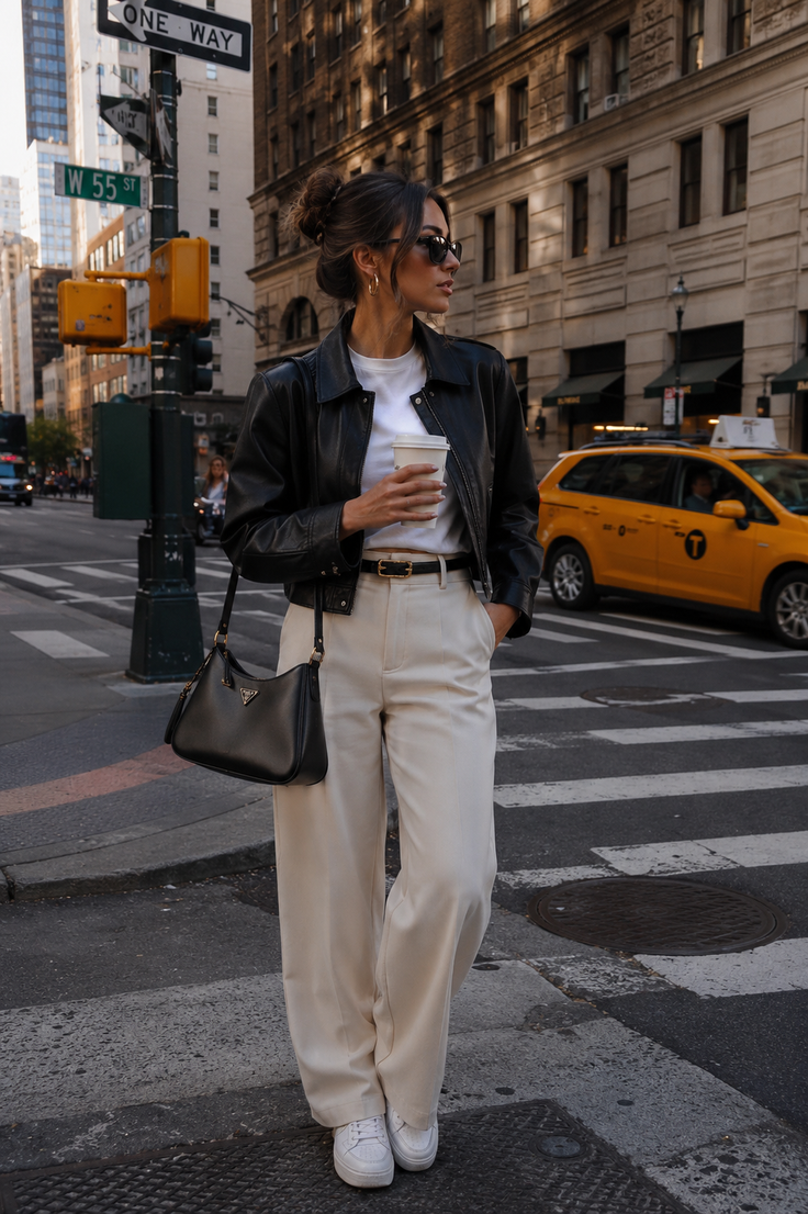 Woman in a leather jacket and wide leg pants on a city street