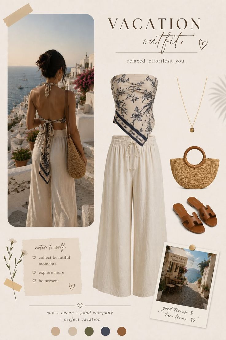 Woman in a vacation outfit overlooking a coastal town with an outfit flat lay