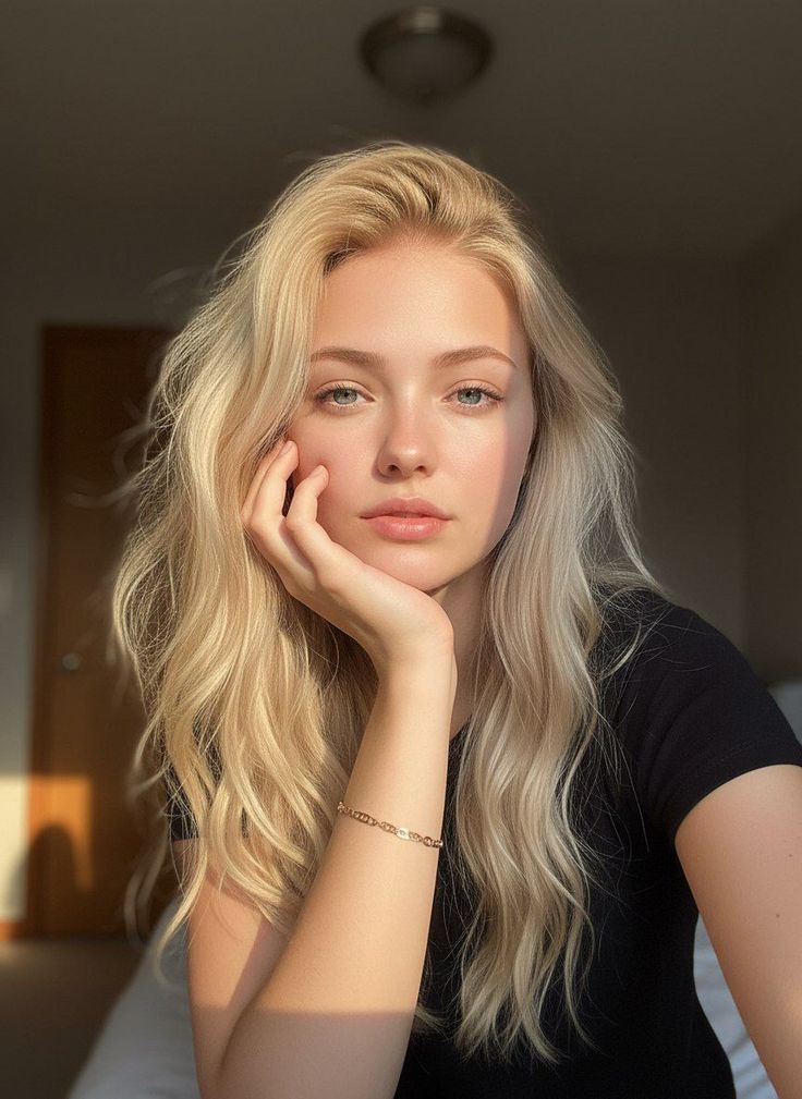 Blonde woman with blue eyes resting her chin on her hand, bathed in soft indoor light