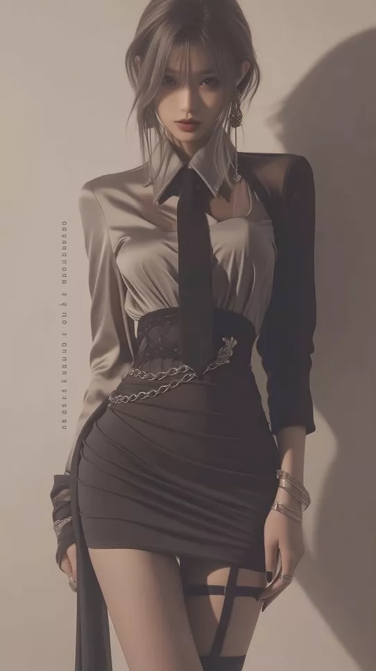 Woman in a mini dress with garter straps and a choker