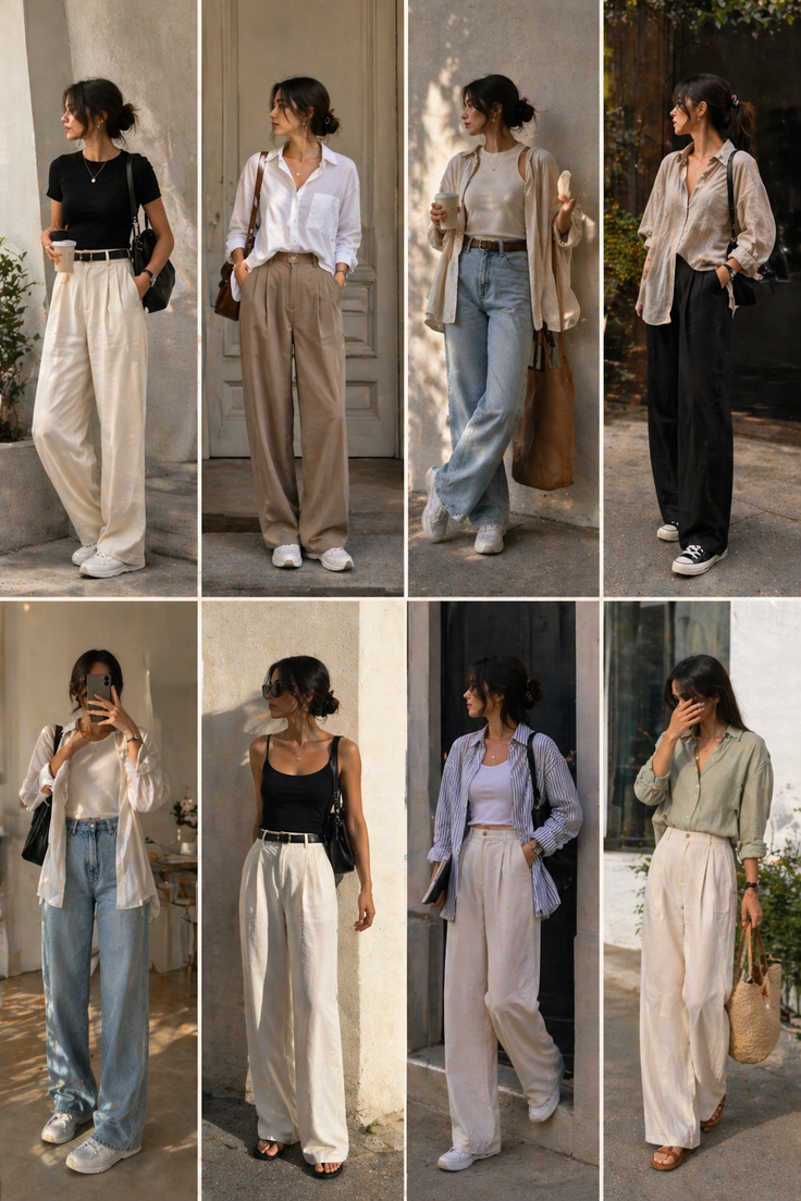 Eight women in various casual outfits featuring wide-leg pants and shirts
