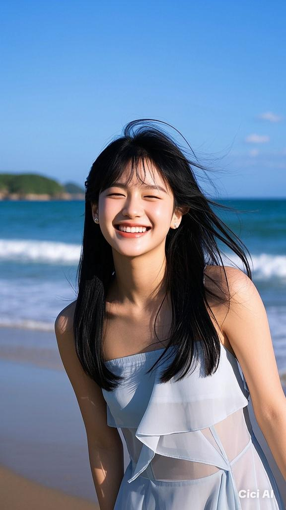 Woman with long black hair smiling on a beach in a blue dress