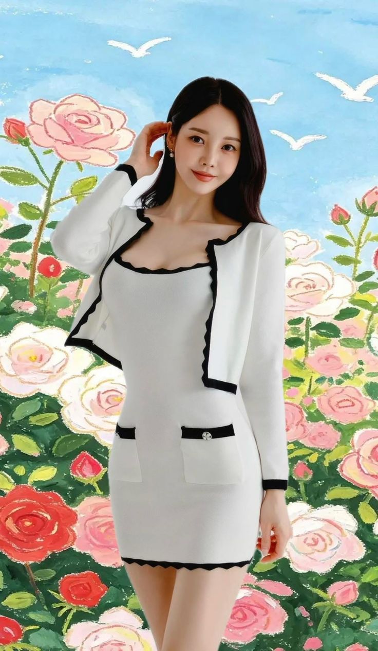 Woman in a white dress with black trim against a rose garden background