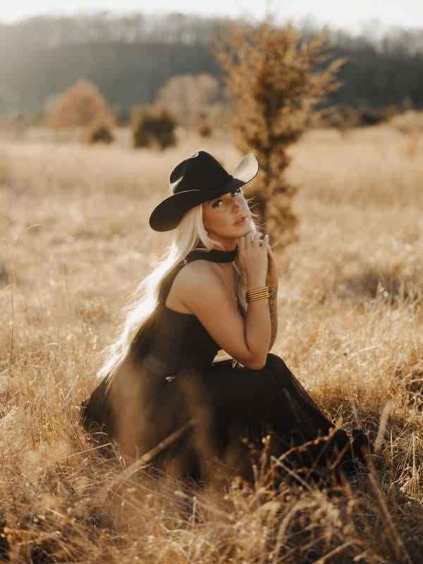 Woman in a black dress and cowboy hat sitting in dry grass at golden hour