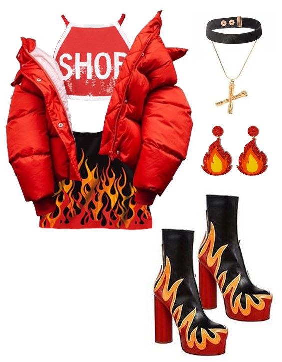 A collection of clothing and accessories with a flame motif and red puffer jacket