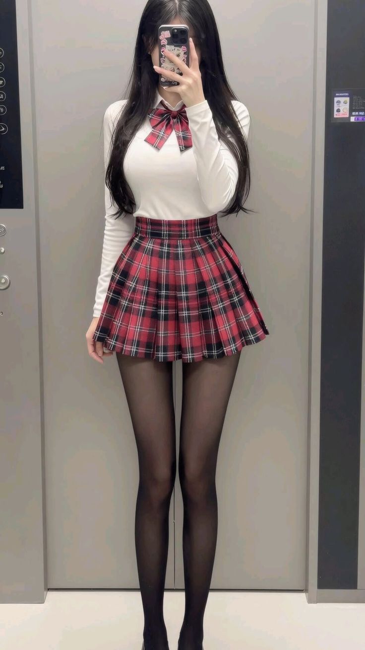 Person in a school uniform taking a mirror selfie indoors