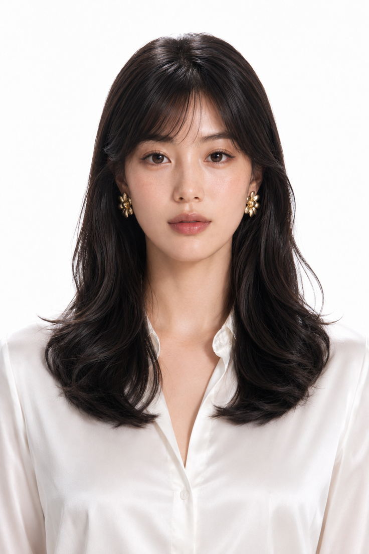 Woman with long black hair wearing a white shirt and flower earrings