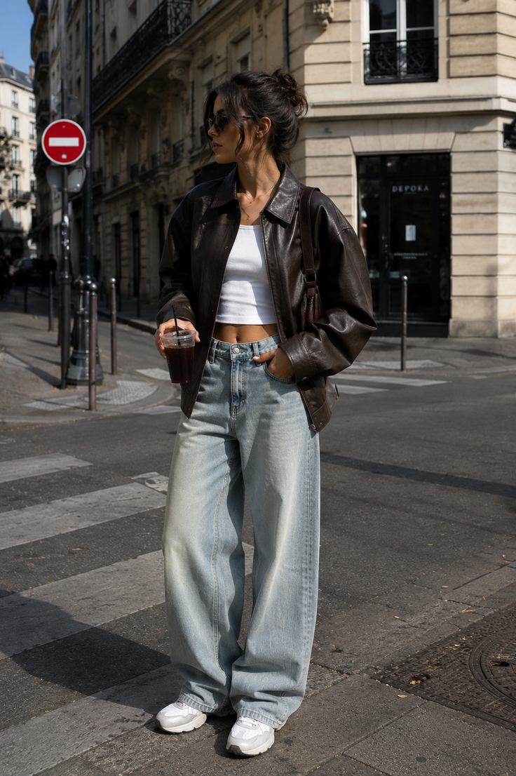 Woman in a brown leather jacket and baggy jeans on a city street