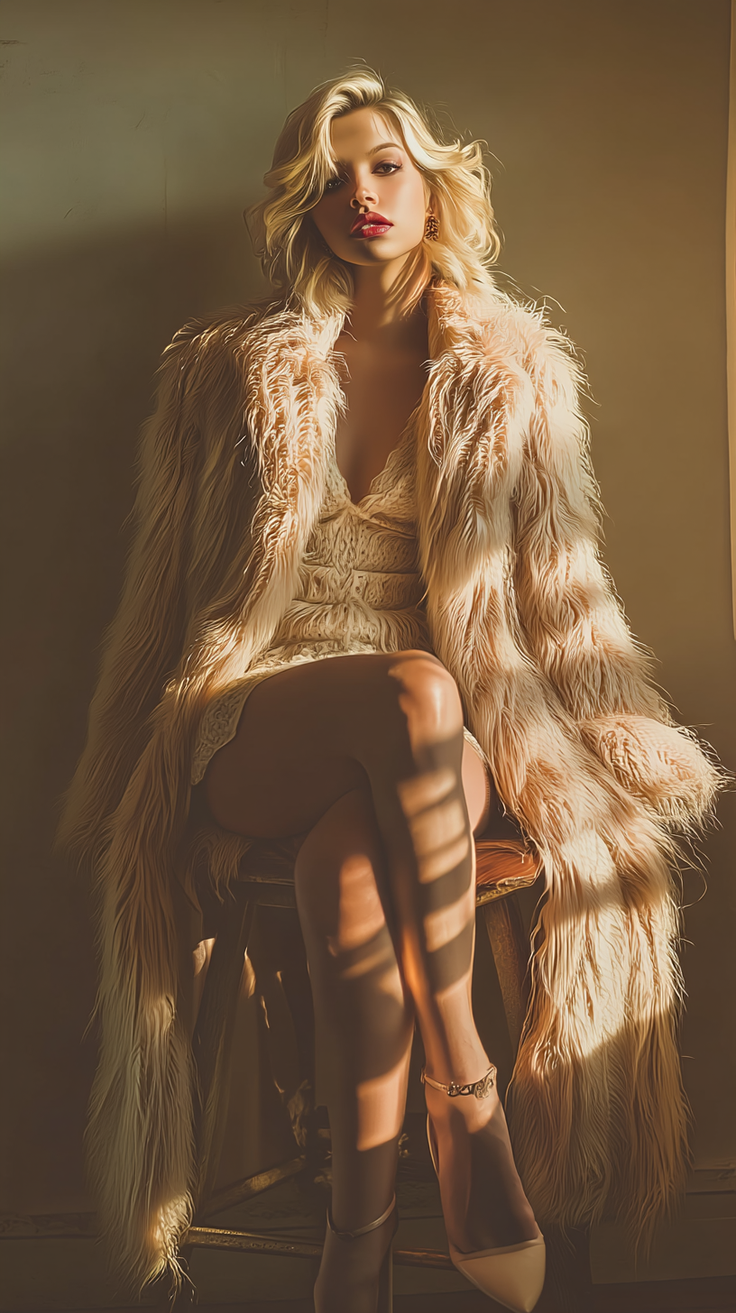 Woman with blonde hair in a fur coat and lingerie, sitting in dramatic lighting