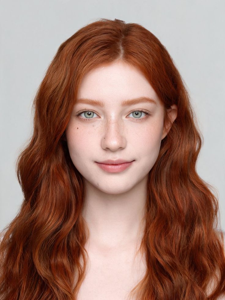 Woman with long red hair and green eyes, looking directly at the camera