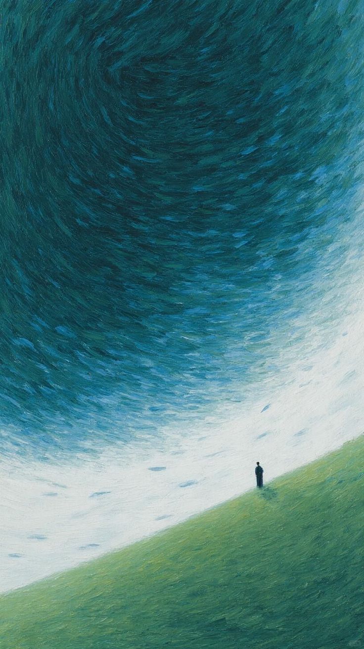 A solitary figure on a green hill under a swirling, textured blue sky