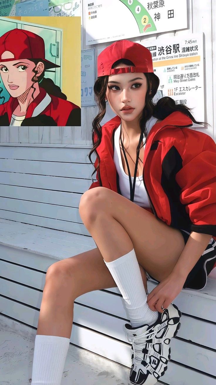 Woman in a red jacket and cap sitting outdoors with an anime character in the background