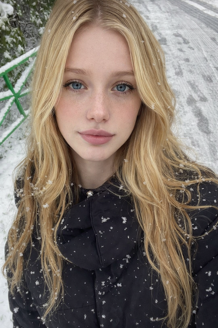 Young woman with blonde hair and blue eyes in a black jacket covered in snowflakes