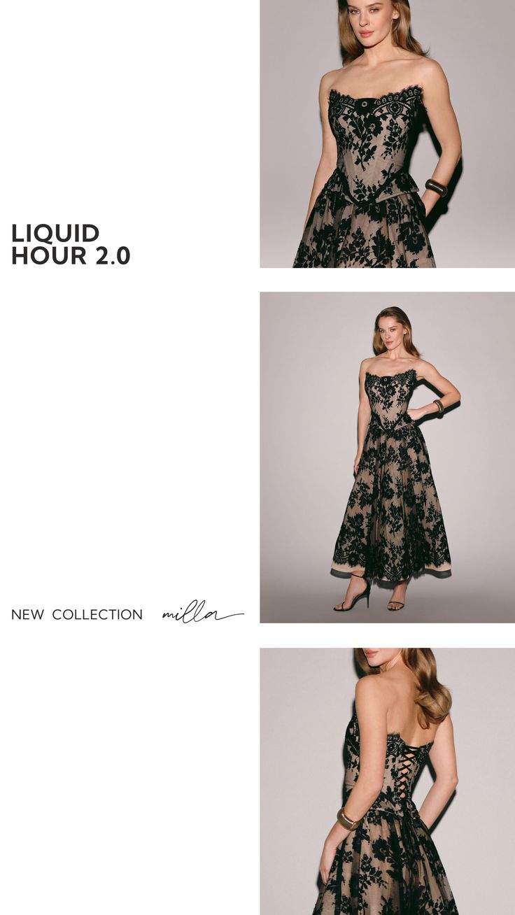 Woman in a black lace strapless midi dress posing in a studio