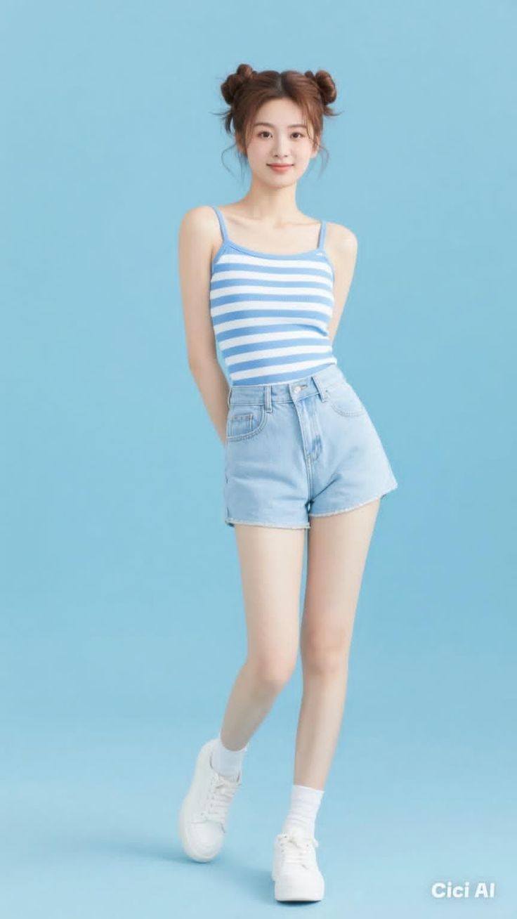 Woman with space buns wearing a striped top and denim shorts against a blue background