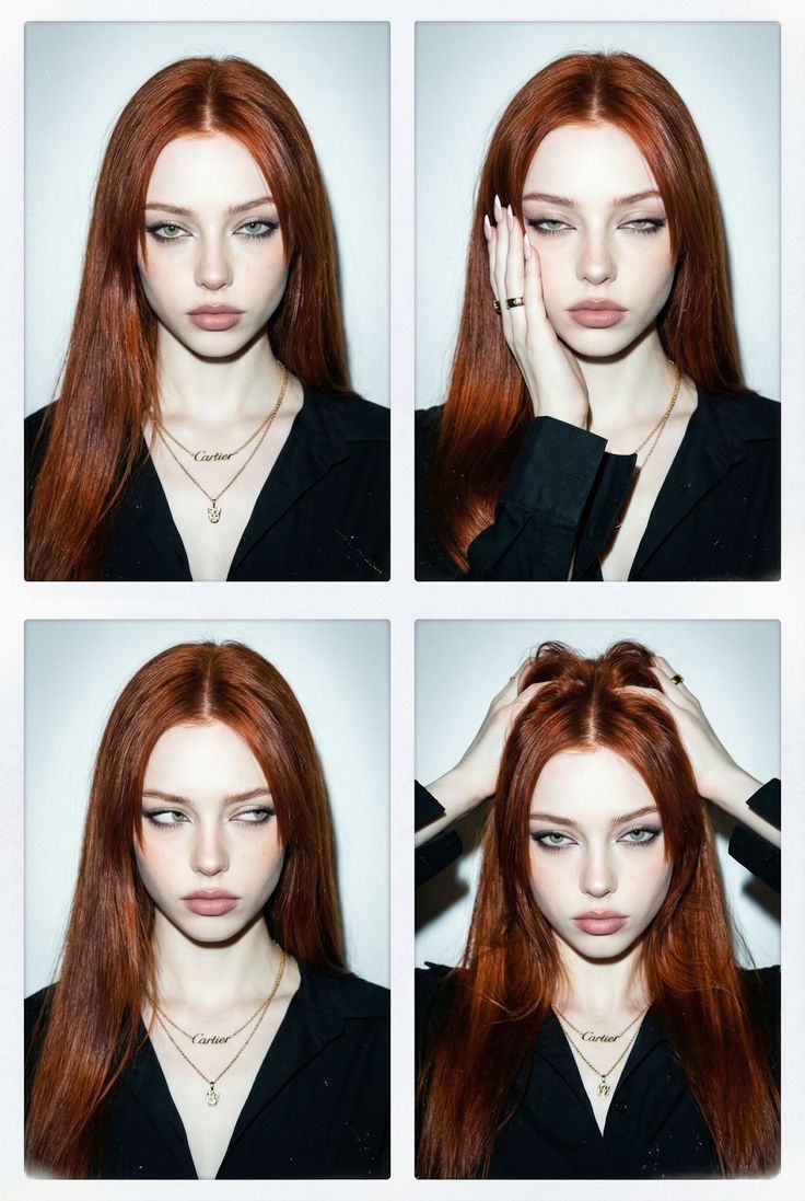 Woman with long red hair in a black shirt, captured in multiple portrait frames