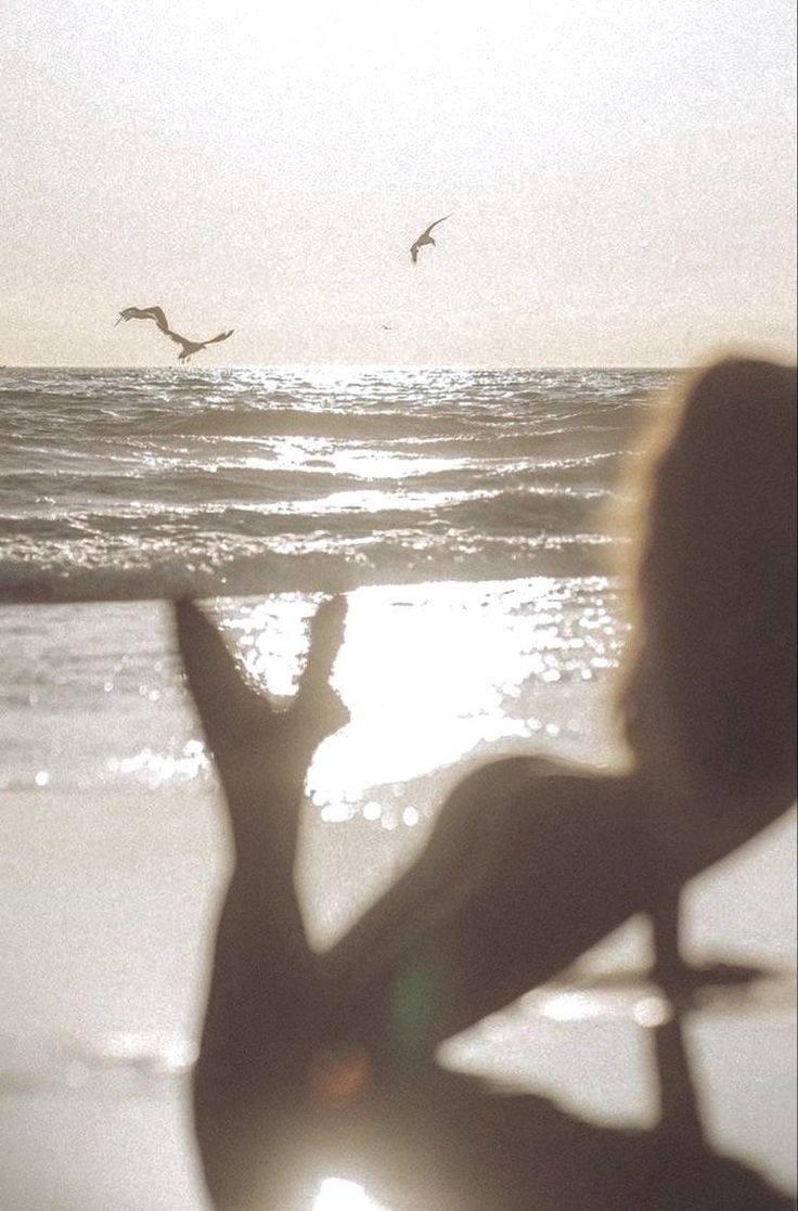 Silhouette of a person on a beach at sunset with birds flying over the ocean